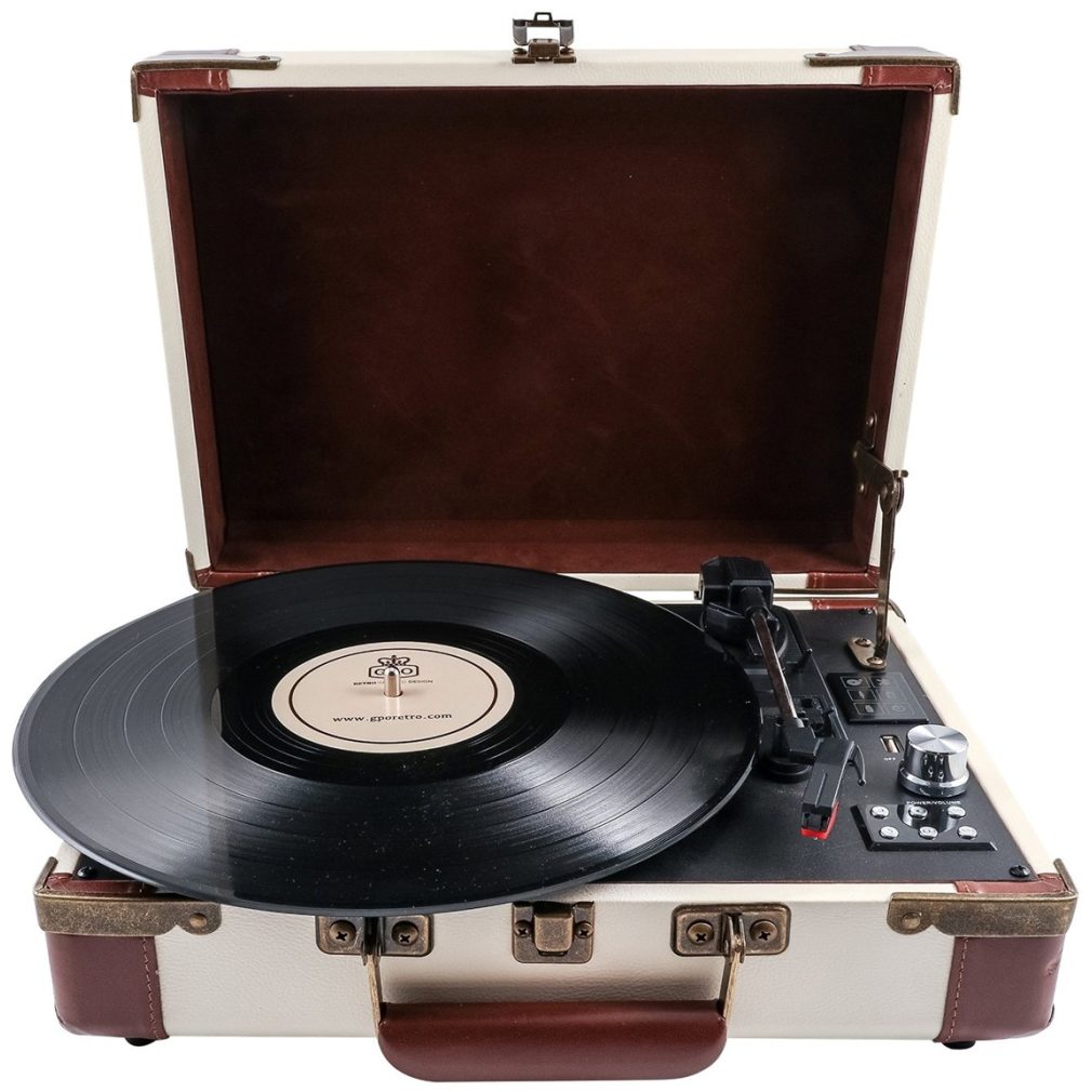 GPO Ambassador Stand Alone Turntable with Bluetooth & Built-In Speakers - Cream / Tan