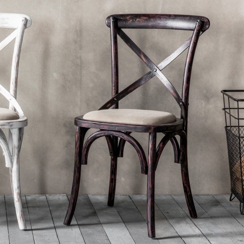 Cafe Chair cross back bentwood Dining Chair with upholstered seat - distressed black finish