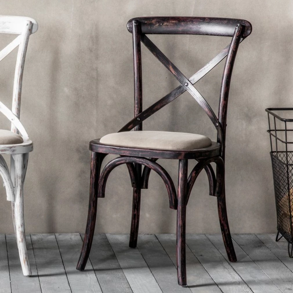 Cafe Chair cross back bentwood Dining Chair with upholstered seat - distressed black finish