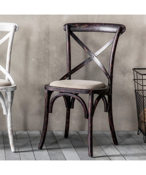 Cafe Chair cross back bentwood Dining Chair with upholstered seat - distressed black finish
