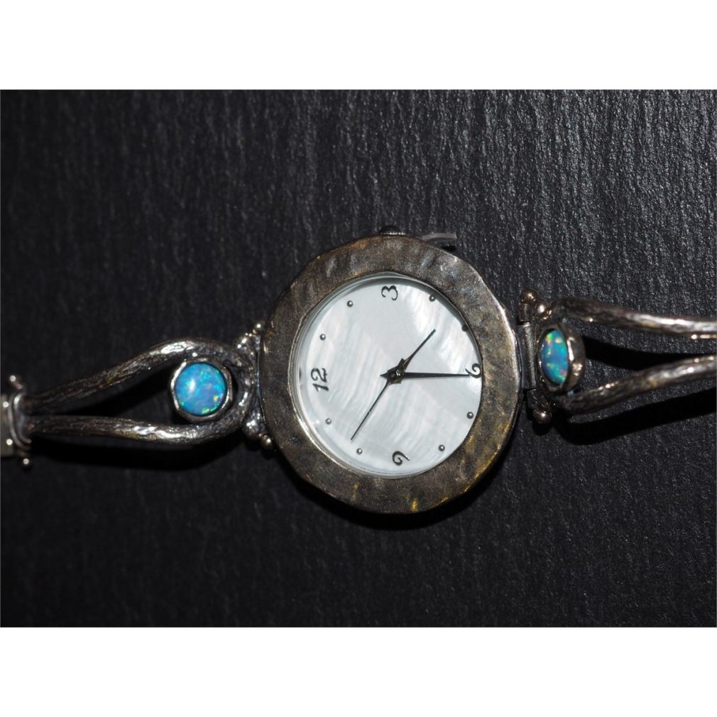 Silver watch - Round Face - Blue opals