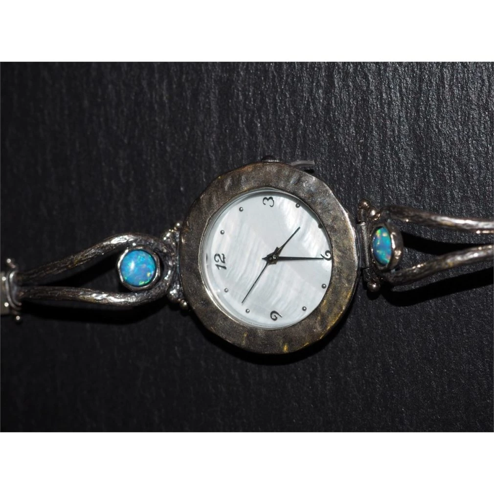 Silver watch - Round Face - Blue opals