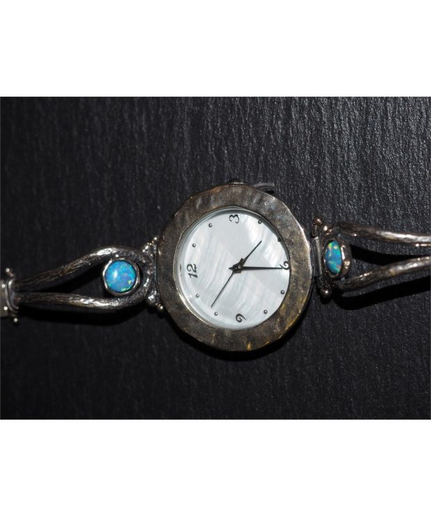 Silver watch - Round Face - Blue opals