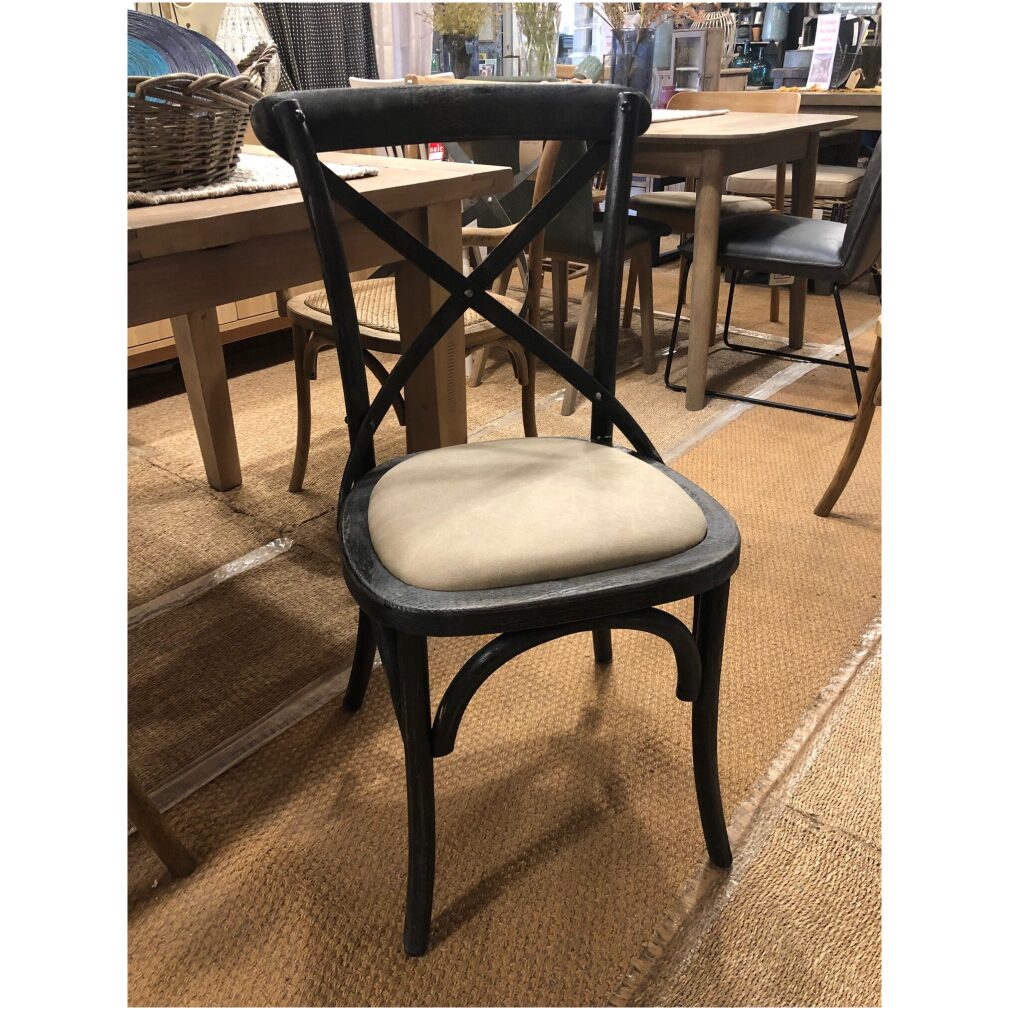 Cafe Chair cross back bentwood Dining Chair with upholstered seat - distressed black finish