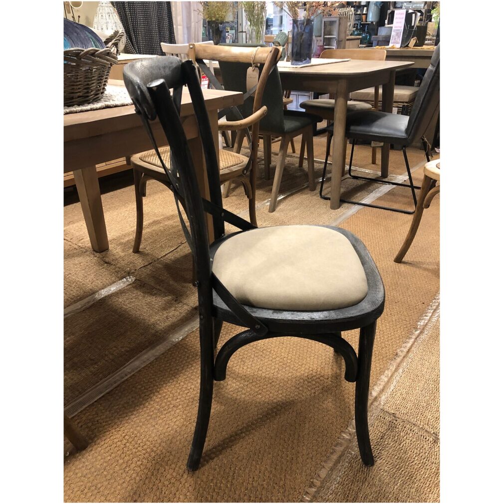 Cafe Chair cross back bentwood Dining Chair with upholstered seat - distressed black finish
