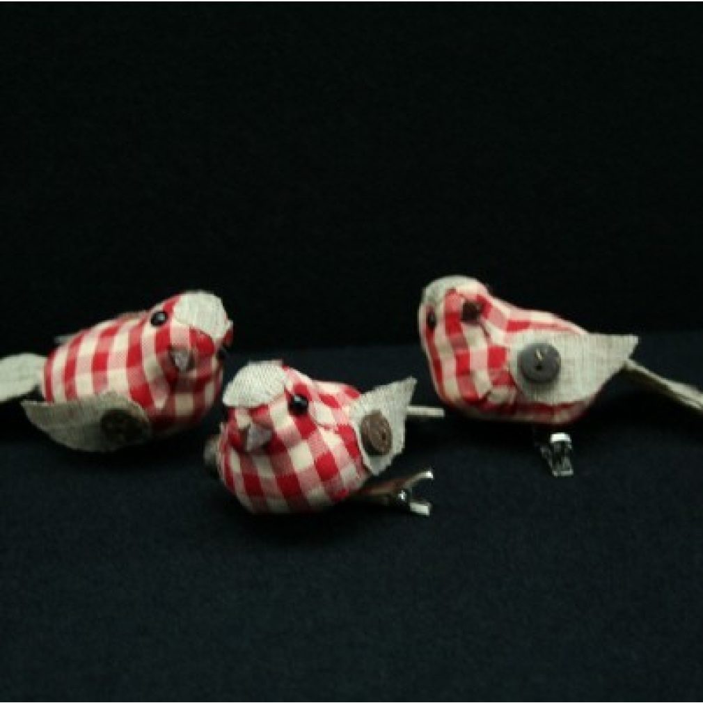 Gingham/Fabric Bird on Clip - 3 assorted christmas decoartions