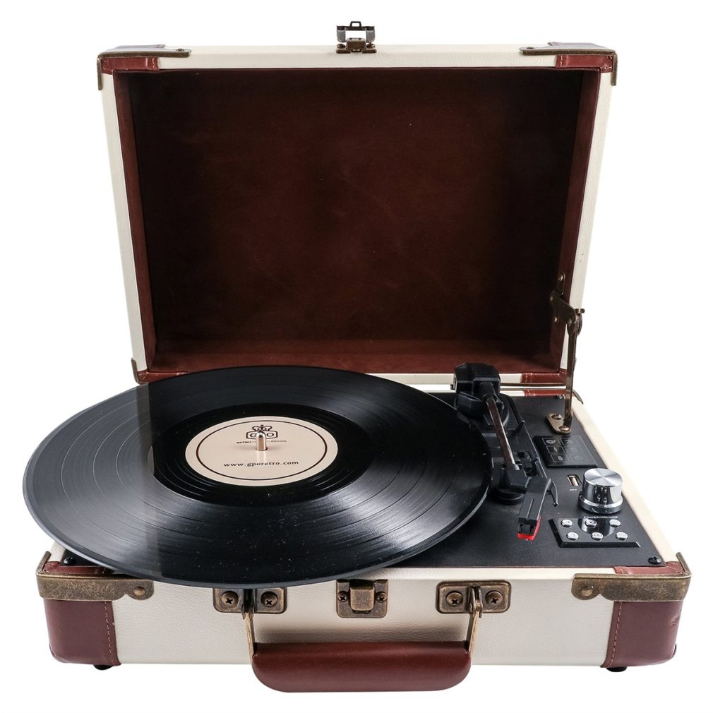 GPO Ambassador Stand Alone Turntable with Bluetooth & Built-In Speakers - Cream / Tan