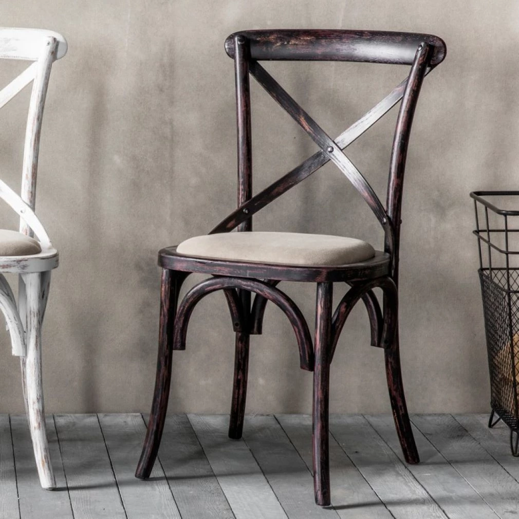 Cafe Chair cross back bentwood Dining Chair with upholstered seat - distressed black finish