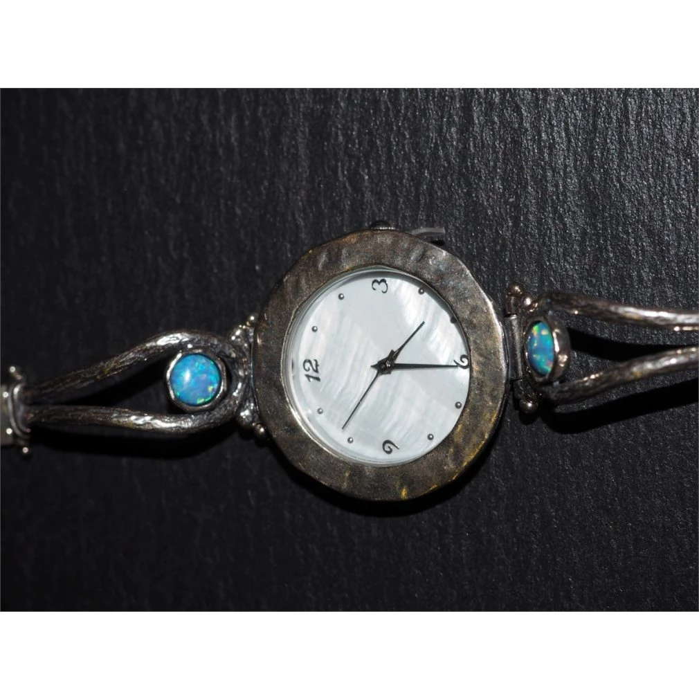 Silver watch - Round Face - Blue opals