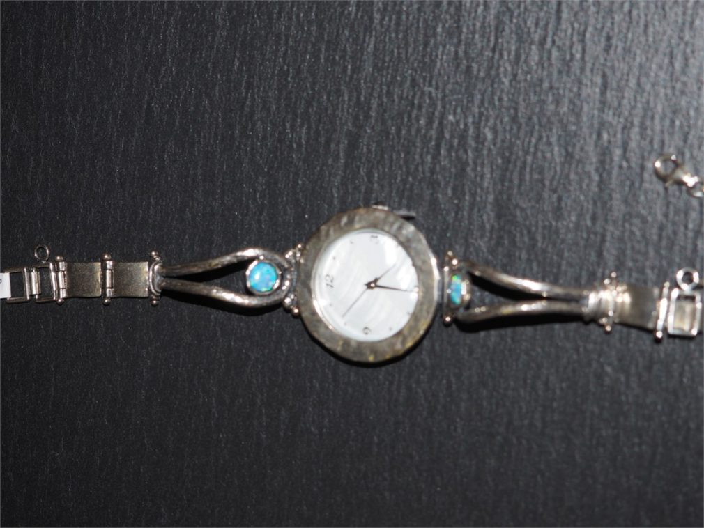 Silver watch - Round Face - Blue opals