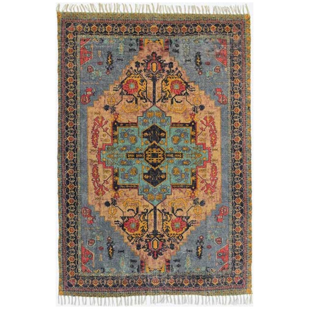 Blue Rose Cotton chenille Printed Rug
