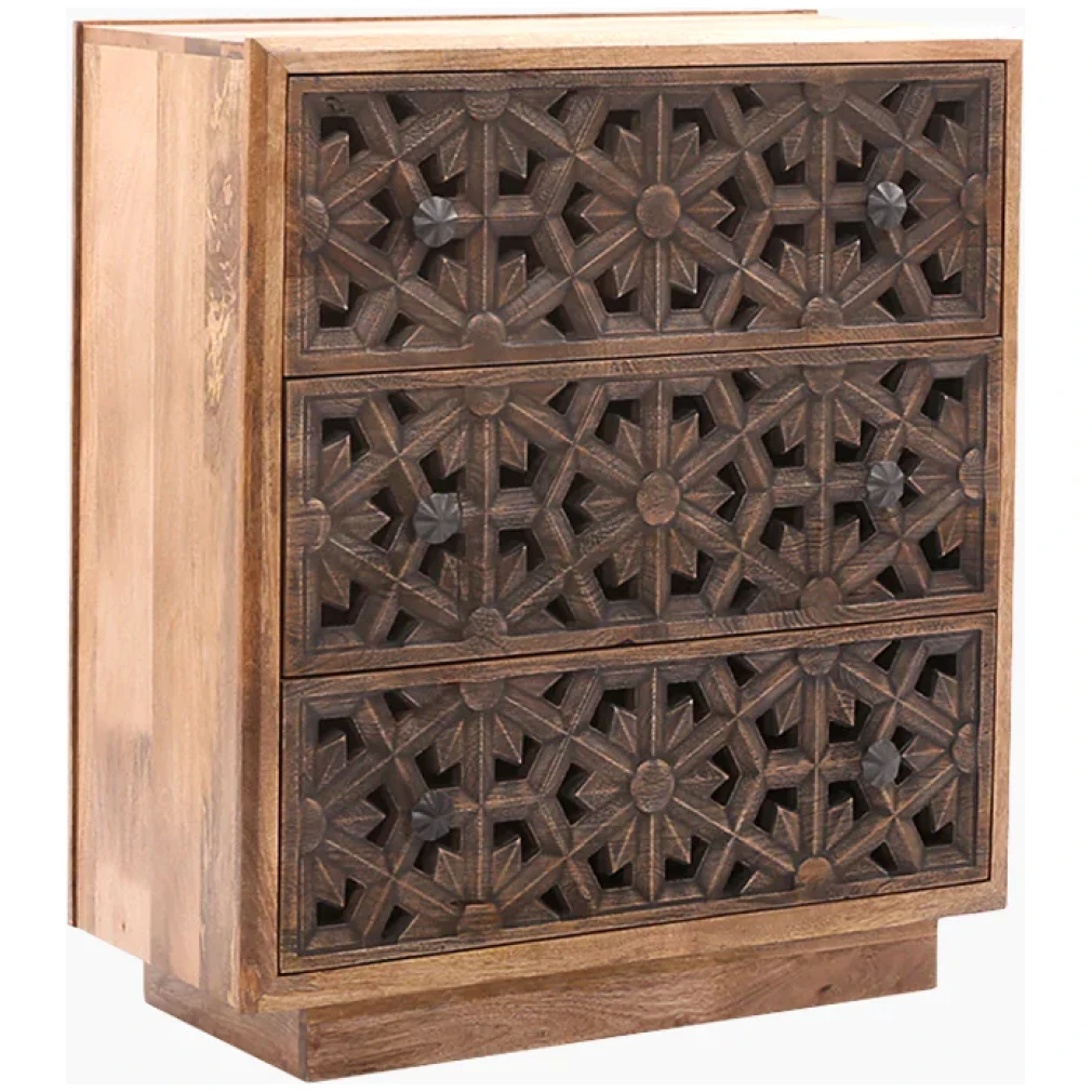 Zaayah Cut Work Wooden Three Chest of Drawers