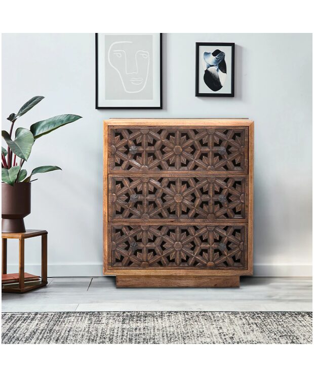 Zaayah Cut Work Wooden Three Chest of Drawers