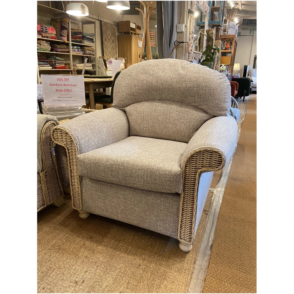 - EX Display - Samford Armchair in Earth Beige Fabric- Cane Furniture by Desser