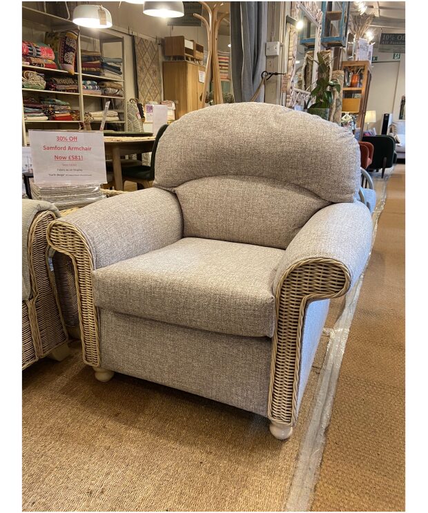 - EX Display - Samford Armchair in Earth Beige Fabric- Cane Furniture by Desser